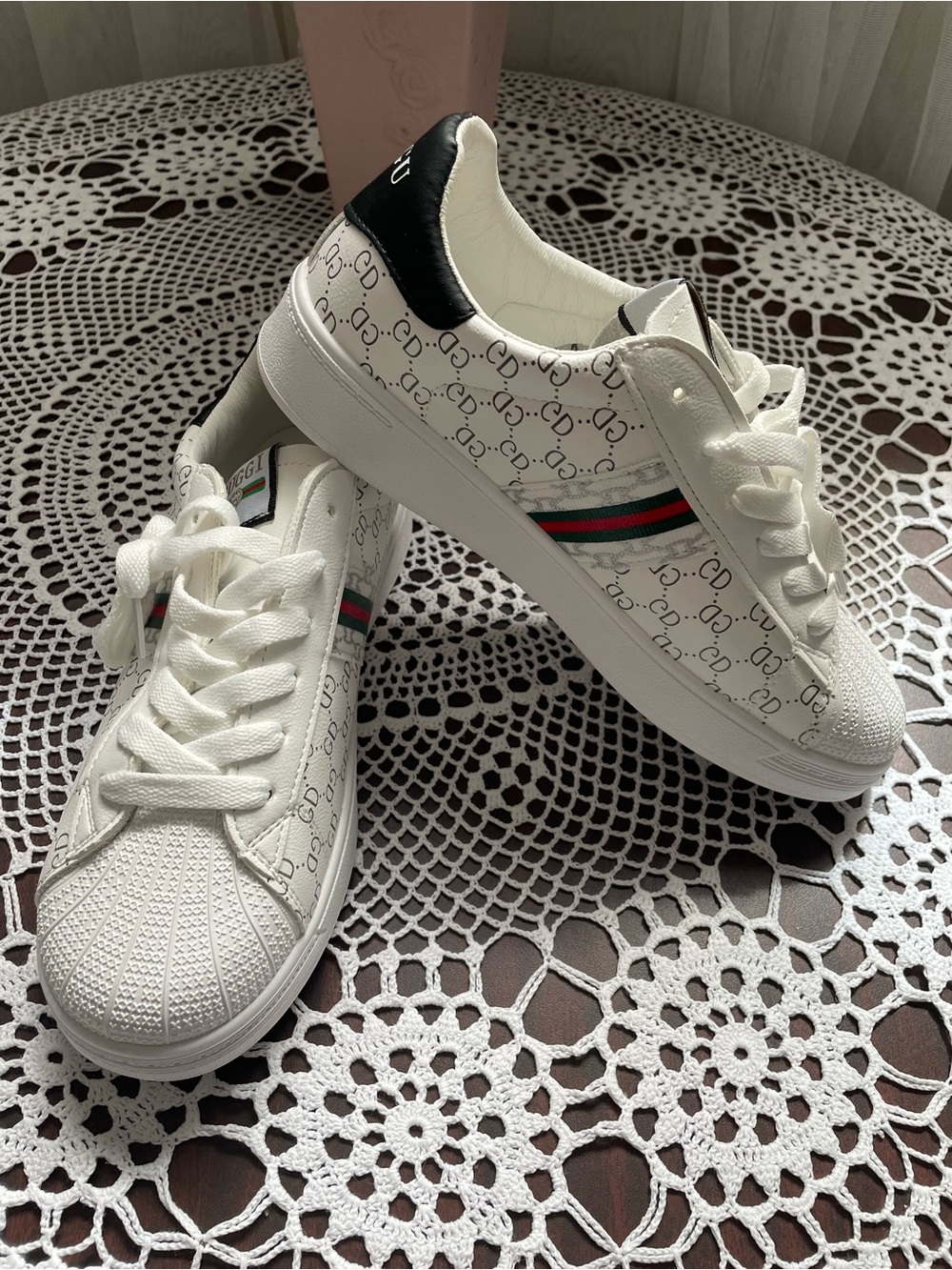 White Patterned Sneakers with Red & Green Stripe